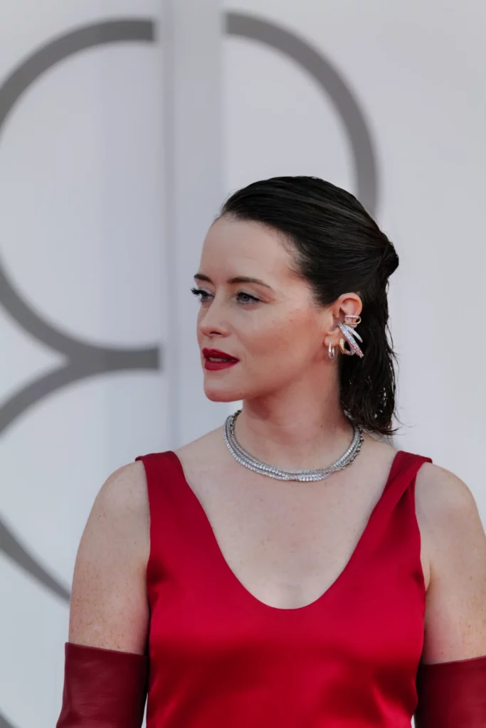 Claire Foy profile portrait with diamond jewelry at Venice Film Festival 2026, Ph. Barbara Pigazzi, Studio Animica